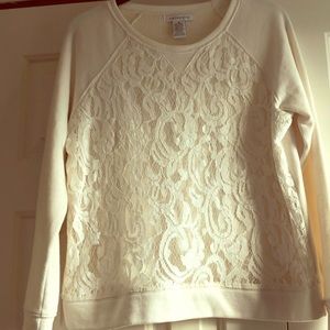 Women’s lightweight crew sweater lace overlay cream Liz Claiborne